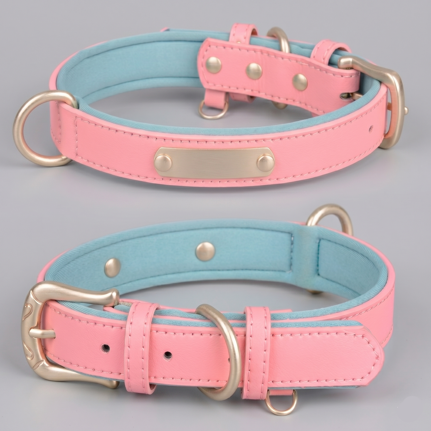 Dual D-Ring PU Leather Dog Collar with Nameplate
