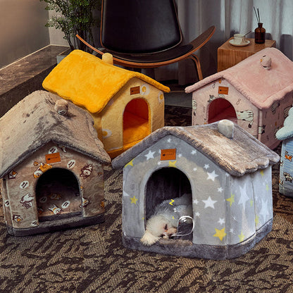 Foldable Enclosed Pet Cave House — 13 Designs, S/M/L, Self-Warming