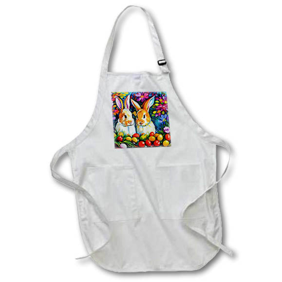 Apron - Two Easter bunnies, red, yellow eggs, purple, blue flower gift, charm Alexis Design - Holidays Easter