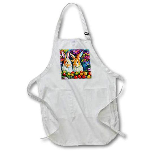Apron - Two Easter bunnies, red, yellow eggs, purple, blue flower gift, charm Alexis Design - Holidays Easter
