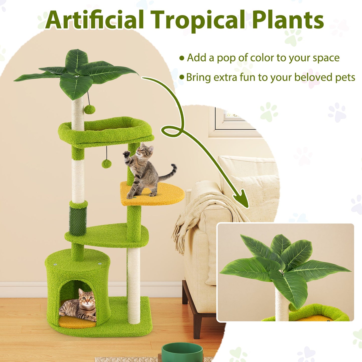 Cute Cat Tree for Adult Cats Multi-level Kitty Tower-Green
