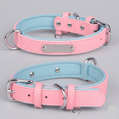 Dual D-Ring PU Leather Dog Collar with Nameplate