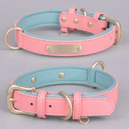 Dual D-Ring PU Leather Dog Collar with Nameplate
