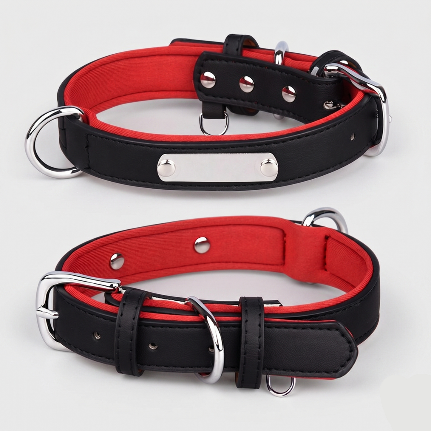 Dual D-Ring PU Leather Dog Collar with Nameplate