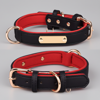 Dual D-Ring PU Leather Dog Collar with Nameplate