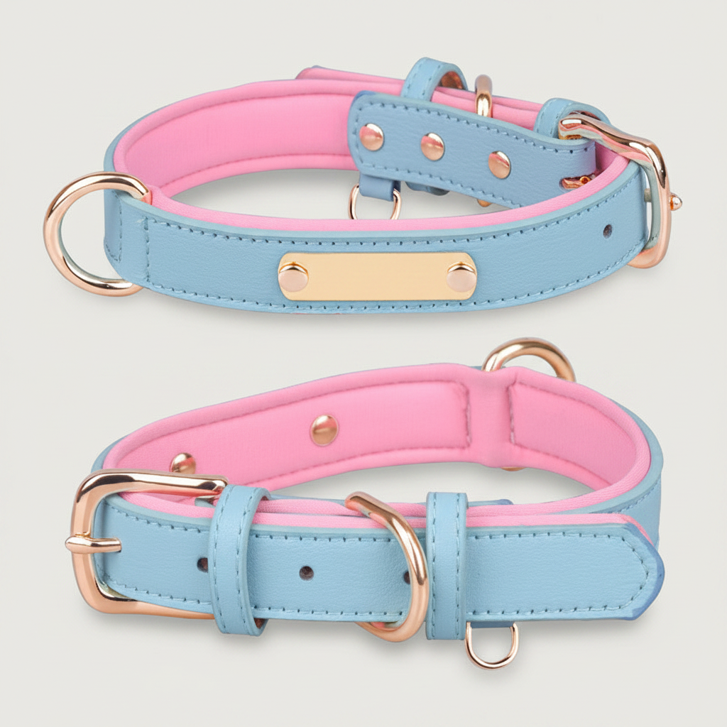 Dual D-Ring PU Leather Dog Collar with Nameplate
