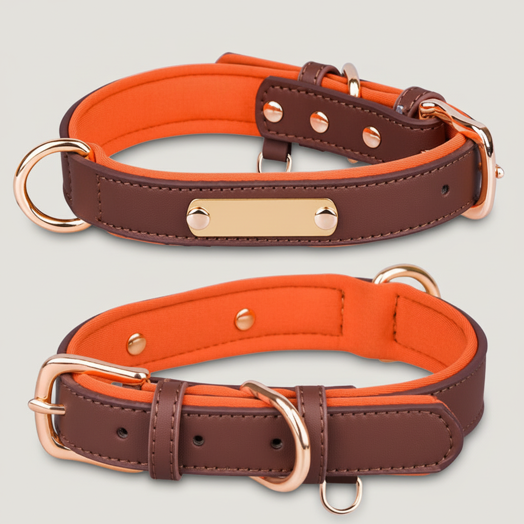 Dual D-Ring PU Leather Dog Collar with Nameplate