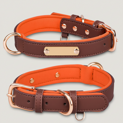 Dual D-Ring PU Leather Dog Collar with Nameplate