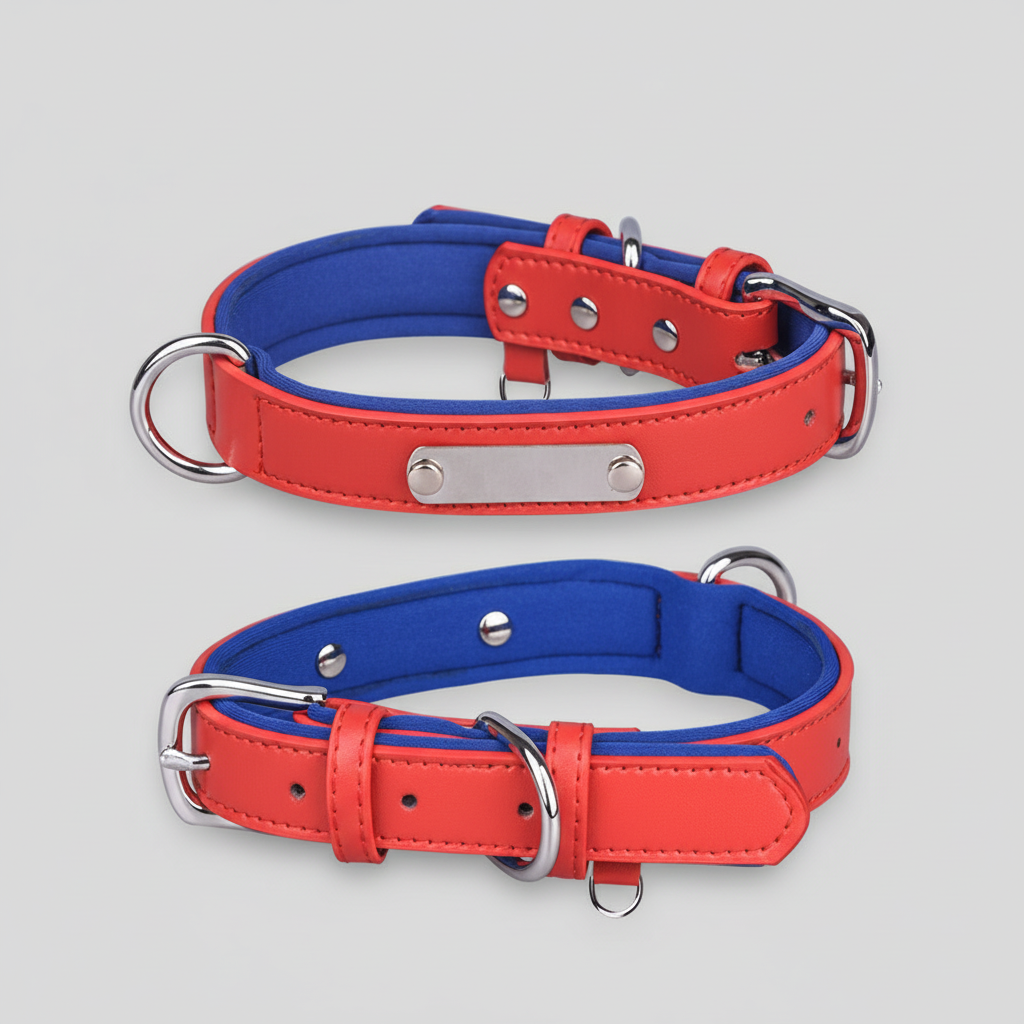 Dual D-Ring PU Leather Dog Collar with Nameplate