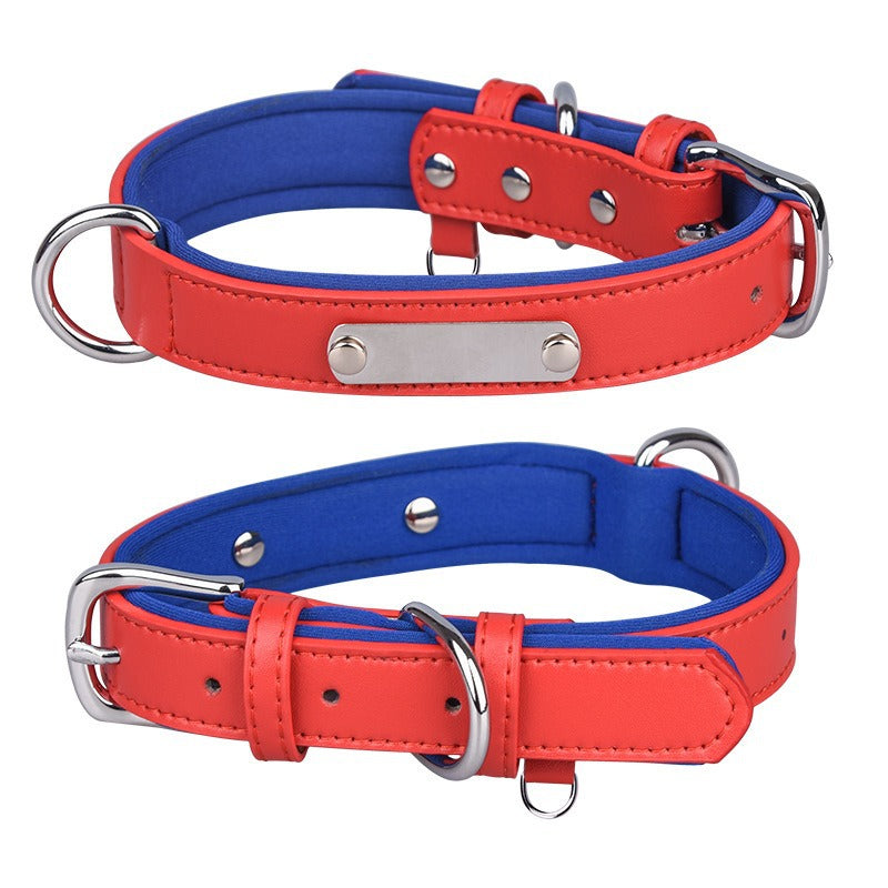 Dual D-Ring PU Leather Dog Collar with Nameplate