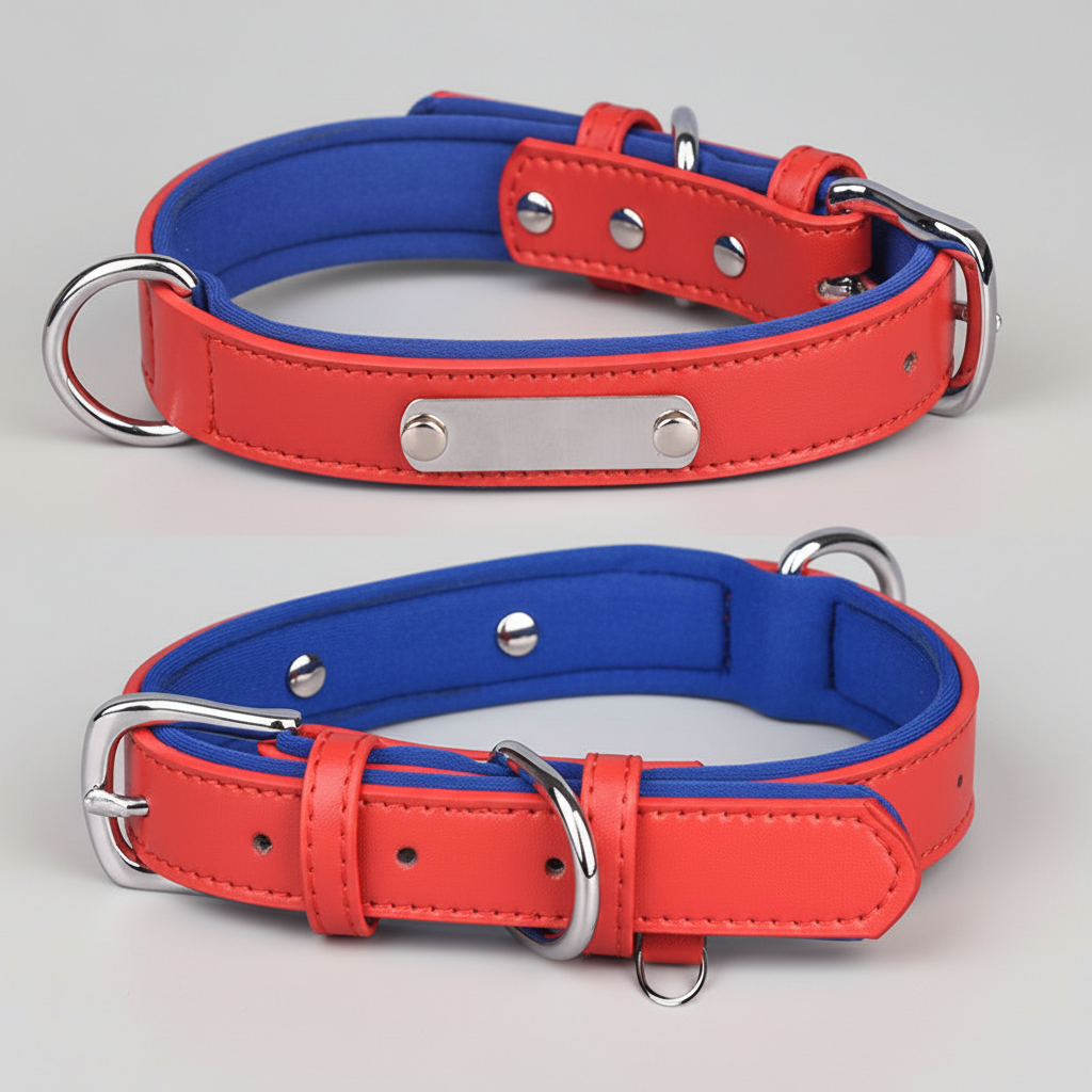 Dual D-Ring PU Leather Dog Collar with Nameplate