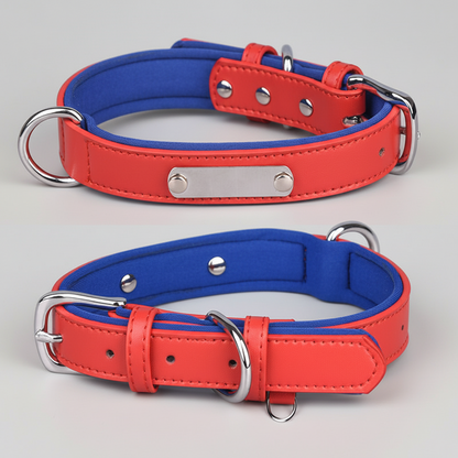 Dual D-Ring PU Leather Dog Collar with Nameplate