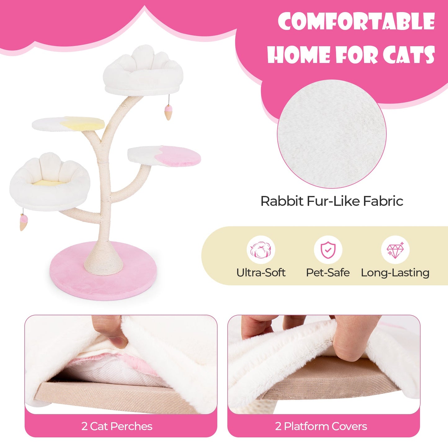Multi-Layer Cat Tree Cat Tower with 2 Cat Perches 2 Platforms-Pink