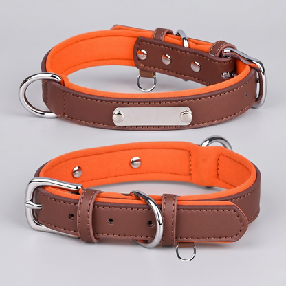 Dual D-Ring PU Leather Dog Collar with Nameplate